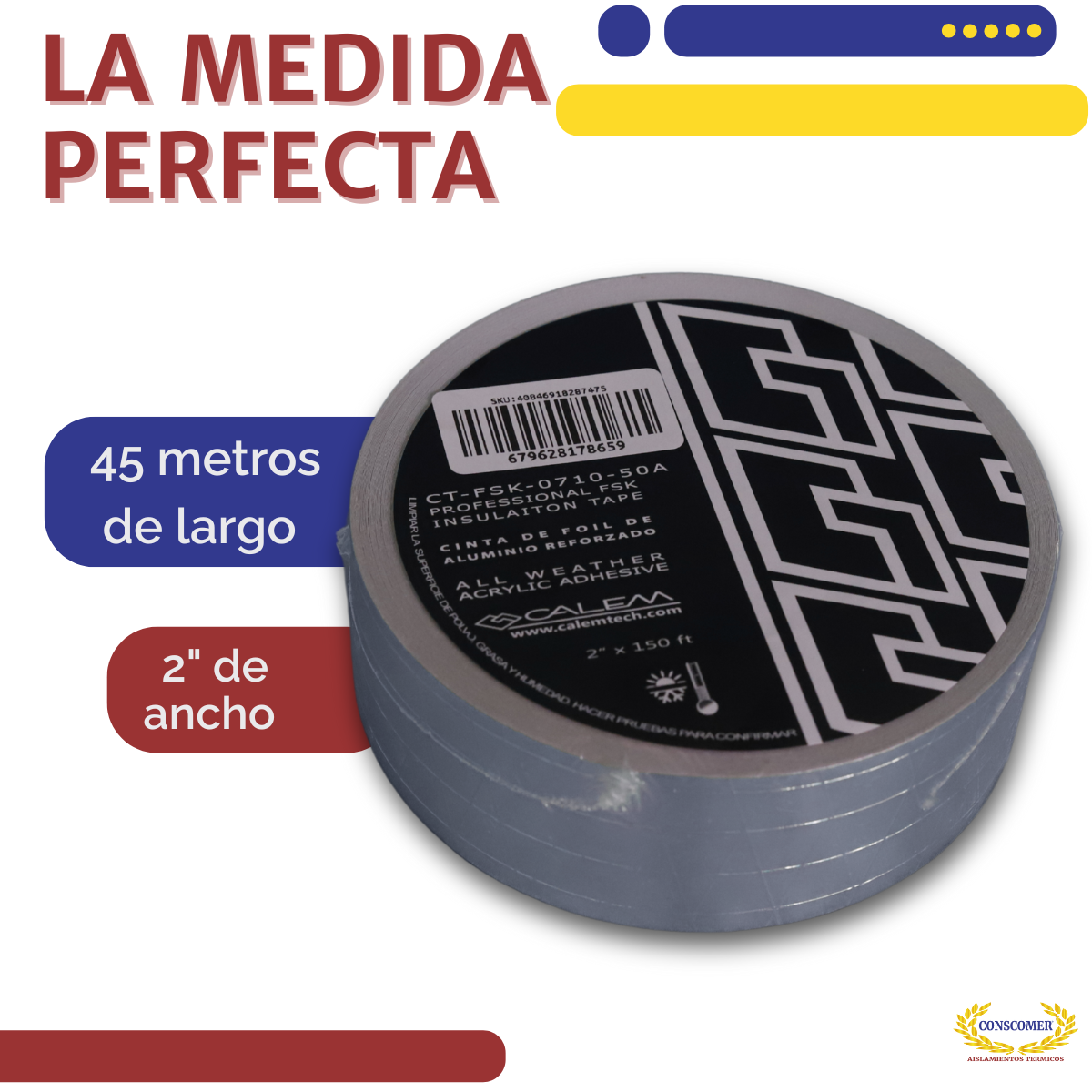 Cinta de Aluminio Reforzada Adhesivo Aislante Ducto 45 m Conscomer