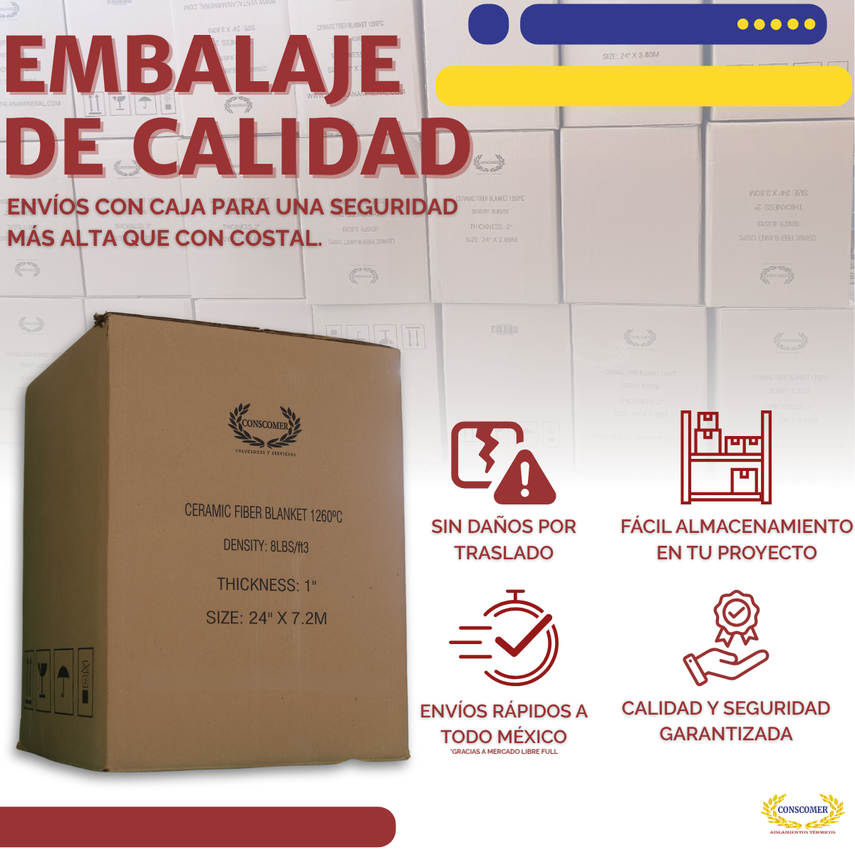 Fibra ceramica de 1" pulg. 8lbs hasta 1260°C Conscomer