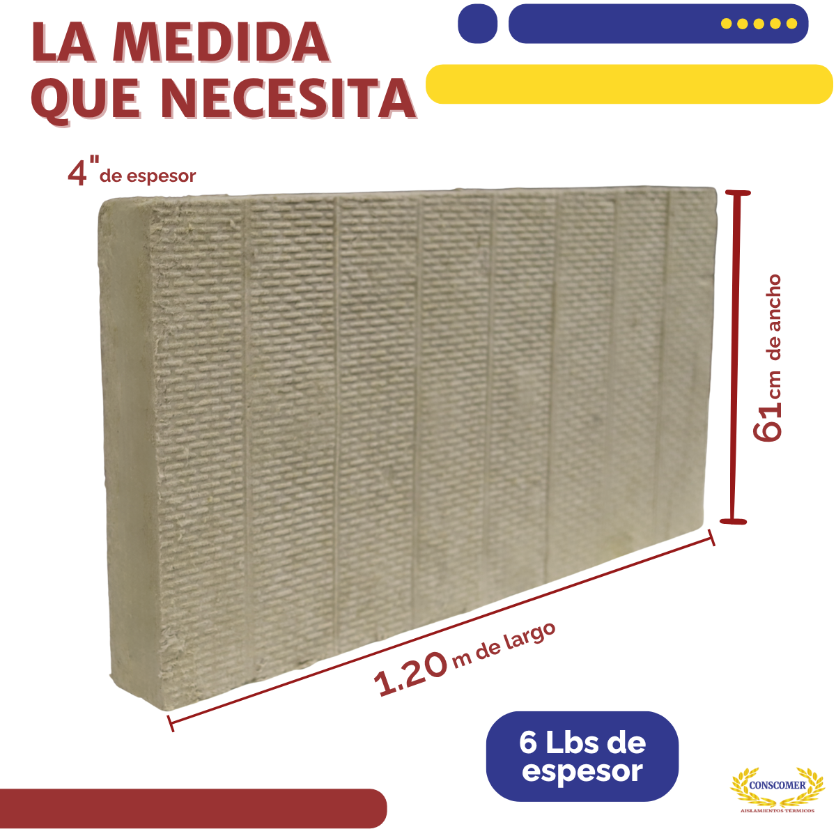 Placa de lana mineral 4 pulgadas 6 lbs medidas 1.20 m largo x 61 cm de ancho