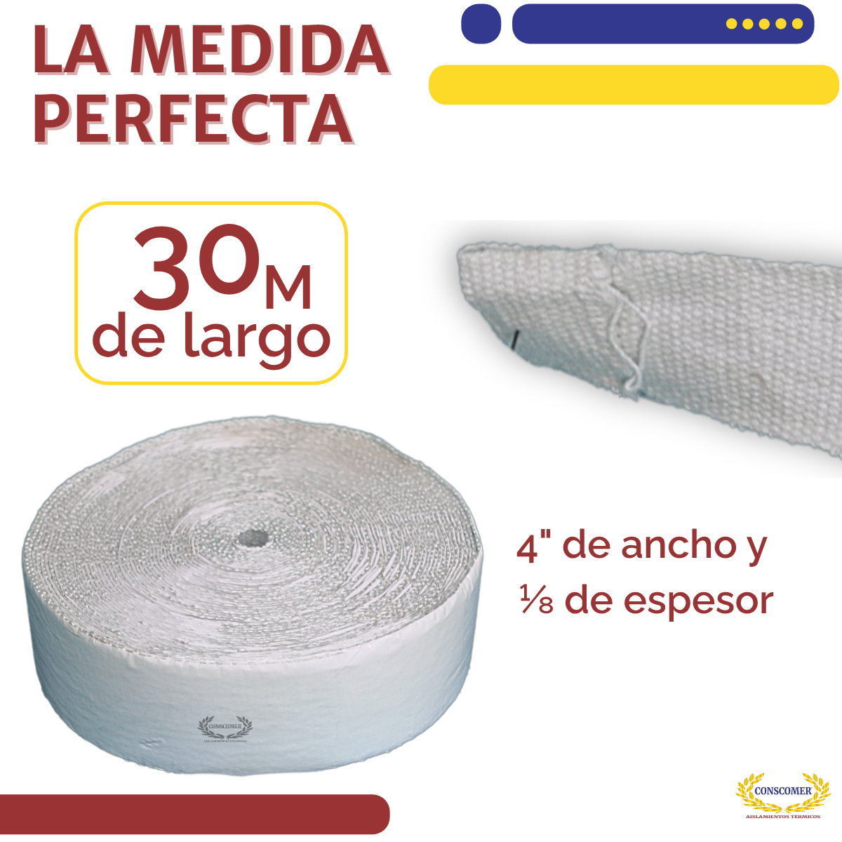 Cinta de tela de fibra de vidrio, tejido liso, de  4pulg.  X 30 M, con Adhesivo conscomer