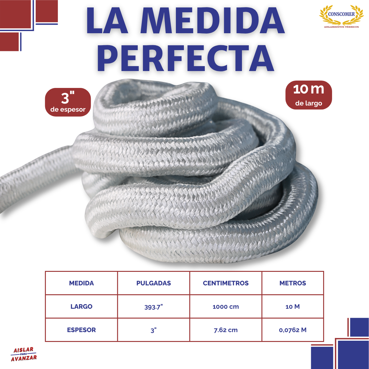 Cordón de fibra de vidrio 3 pulg. x 10m conscomer