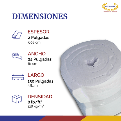 Fibra cerámica 2 pulgadas | 0.6mts x 3.81mts 8lbs | 1260°C conscomer