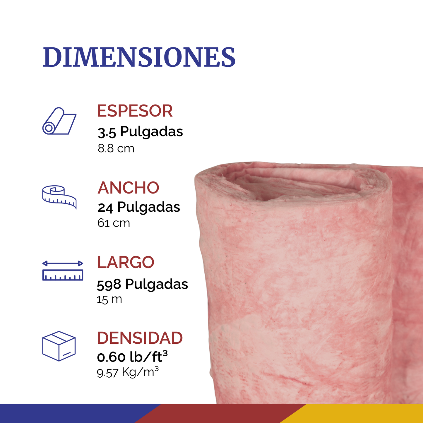 Rollo de Fibra de Vidrio Tipo Aislahogar R11 0.61 m x 15.24 m x 3 1/2” conscomer