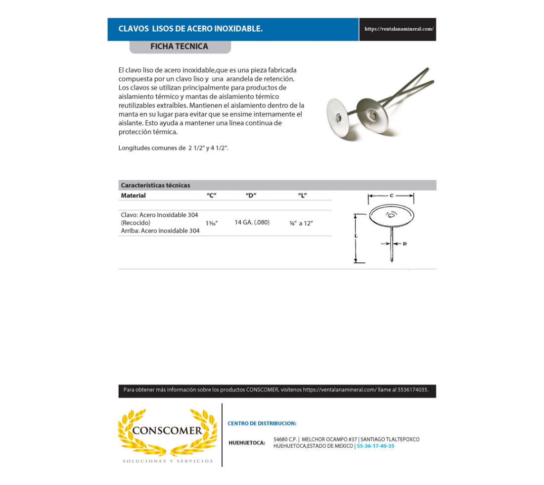 Clavo liso de acero inox. 304 de 4 1/2" de largo. conscomer