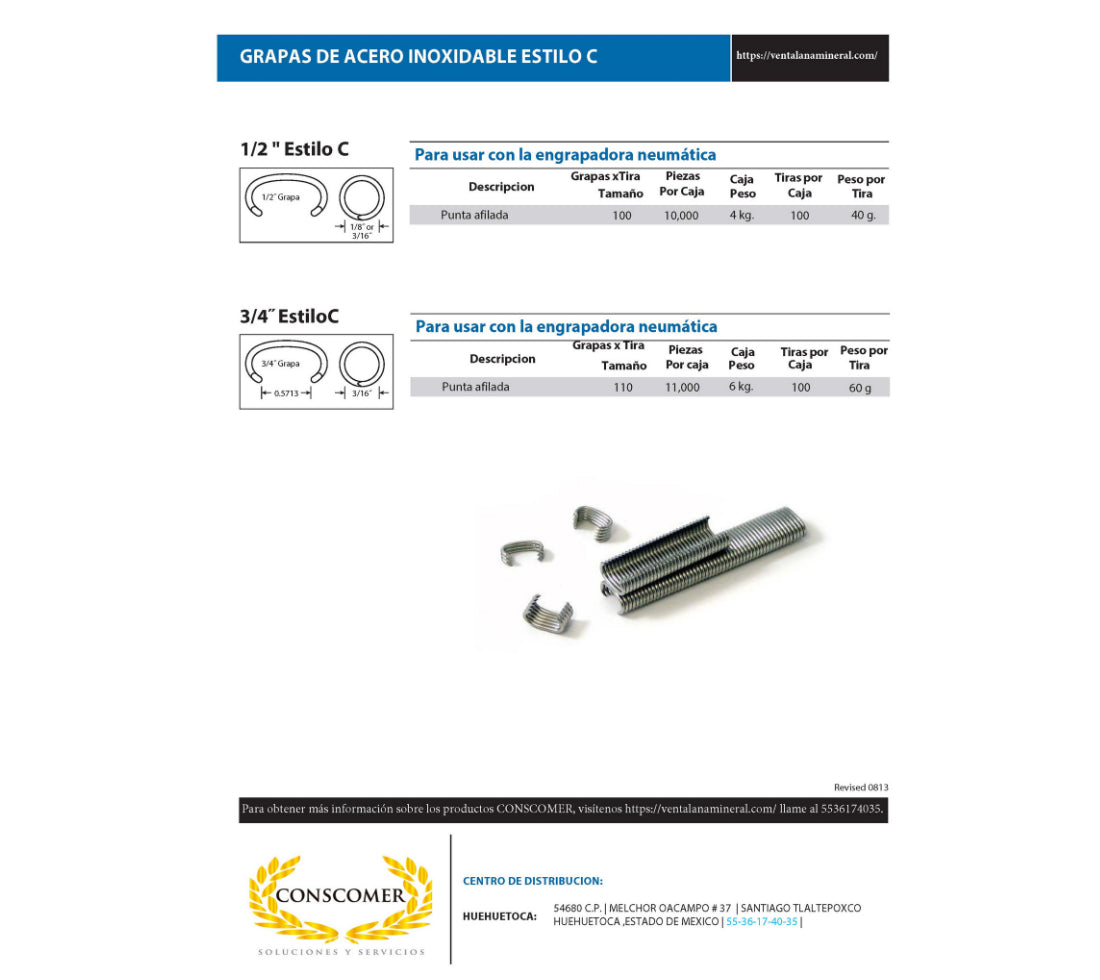 grapas anillada en C de acero inoxidable 1/2 pulg. conscomer