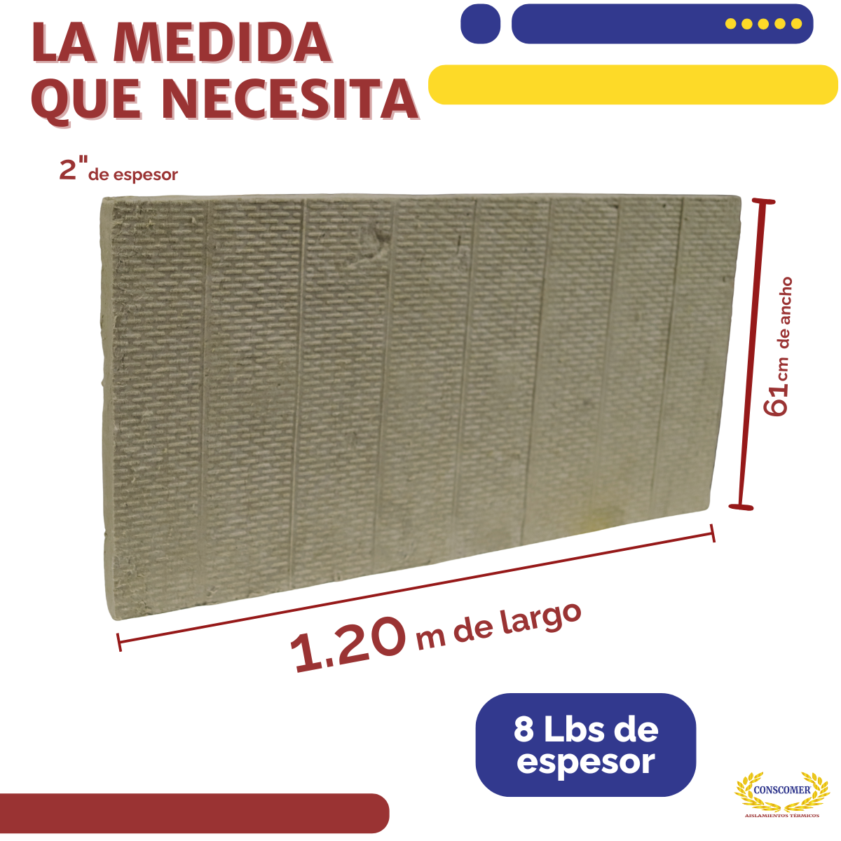 Placa de Lana Mineral 2 en 8lbs de densidad (6 pz x paquete) conscomer