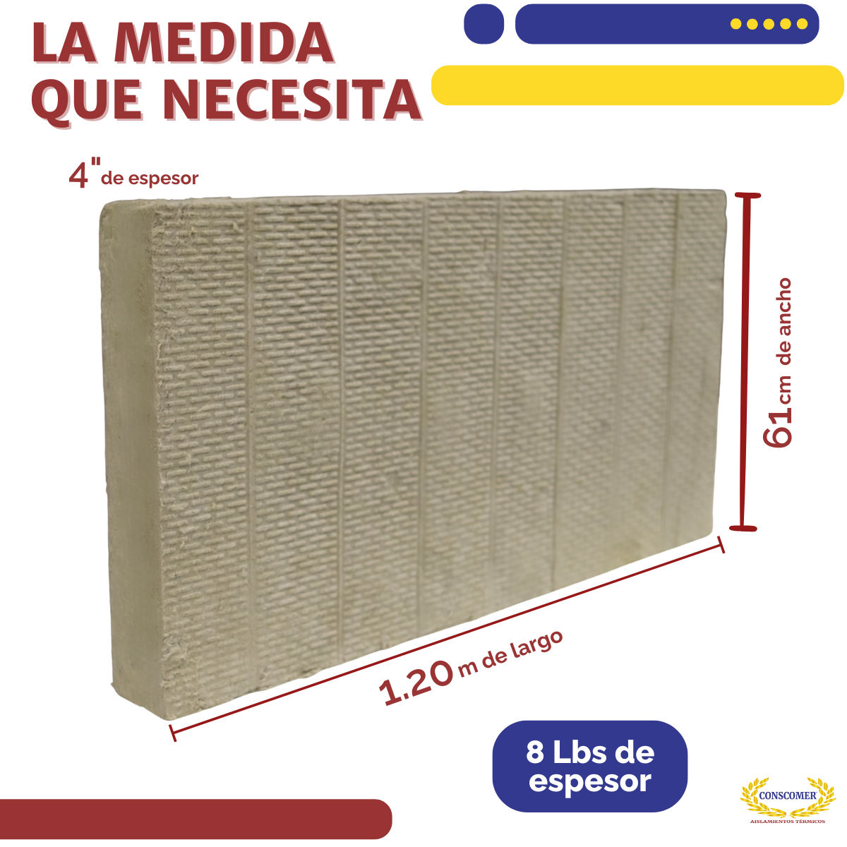 Placa de Lana Mineral 4 en 6lbs de densidad (3pz x paquete) conscomer