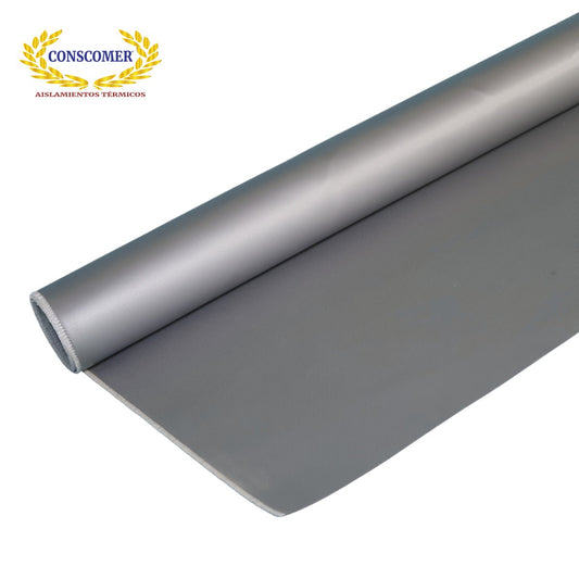 Tela de fibra de vidrio siliconizada por ambas caras ancho: 1.52mts largo: 45 mts peso 45 kgs terminado: color gris conscomer